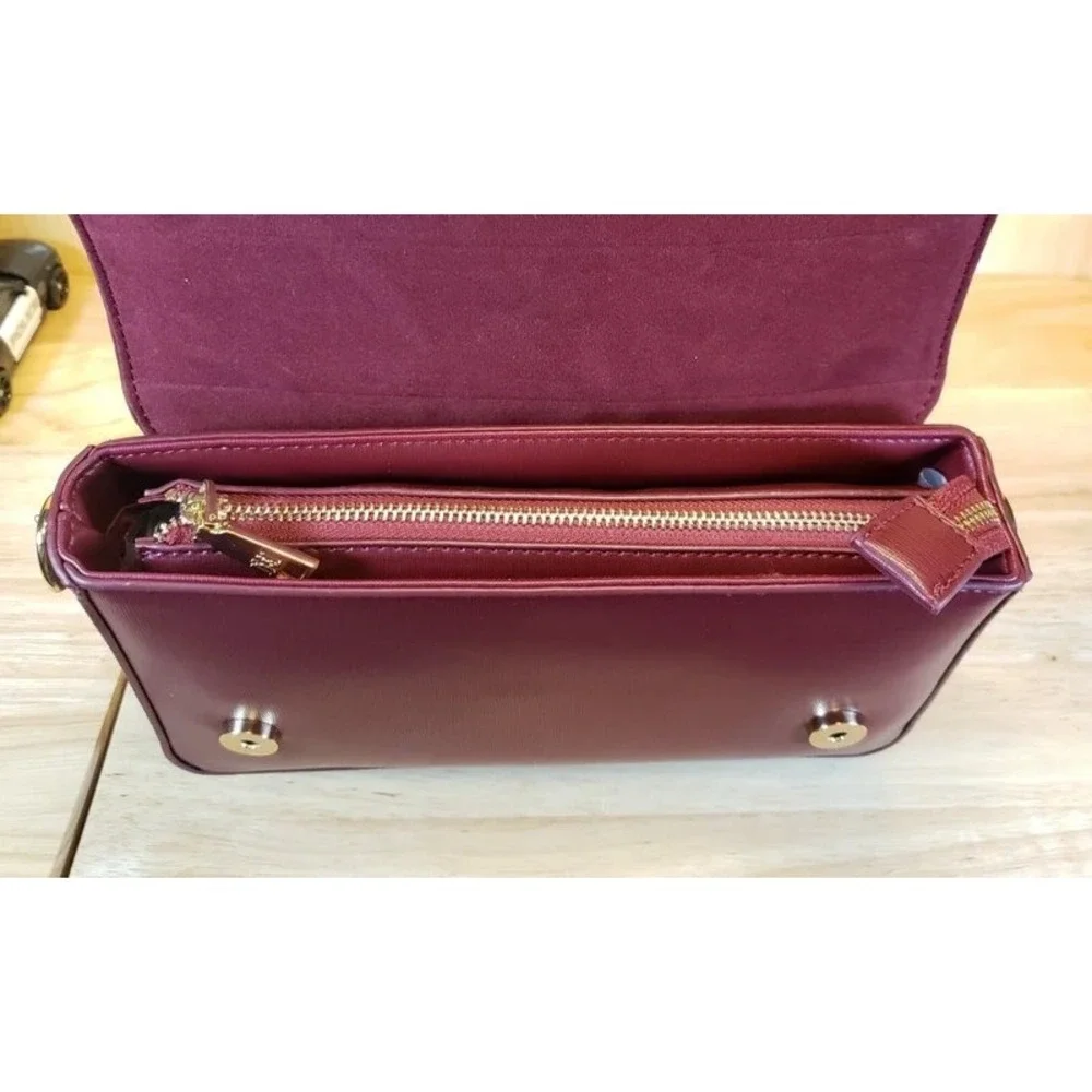 Badgley Mischka Burgundy Saffiano Faux Leather Bow Crossbody Flap Bag Gold Logo
